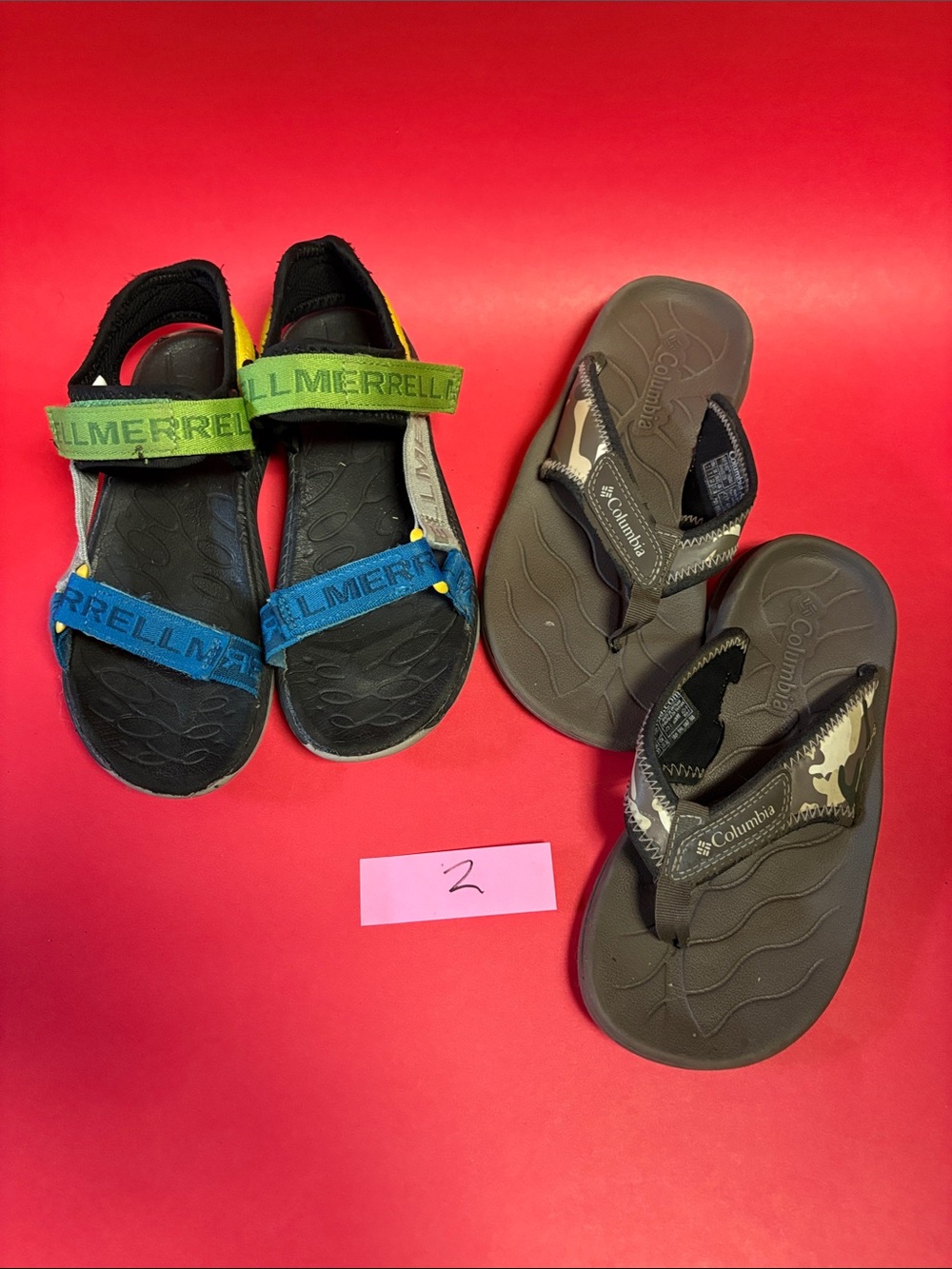 Lot of 2 Merrell Kids Blue & Green Adjustable Sandals & Columbia Flip Flops